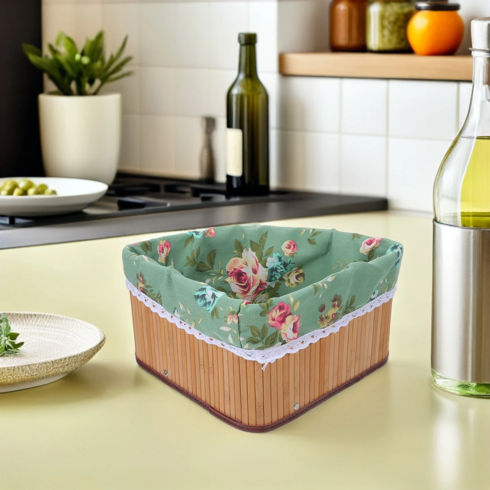 

Corner Bamboo Cube Basket Fan Shape Woven Storage Basket Lined Organizer Bin Shelf Decor for Kitchen Bedroom Bathroom