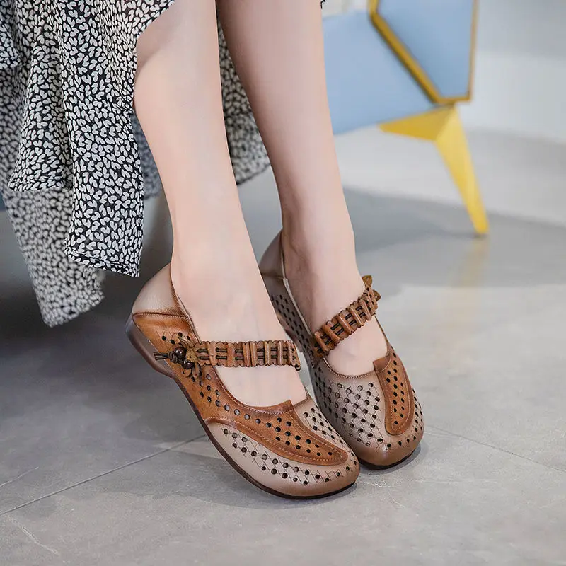 أحذية نسائية من الجلد للربيع والخريف، أحذية مسطحة للأمهات غير قابلة للانزلاق، مقاس كبير، أحذية فردية ناعمة من الأسفل