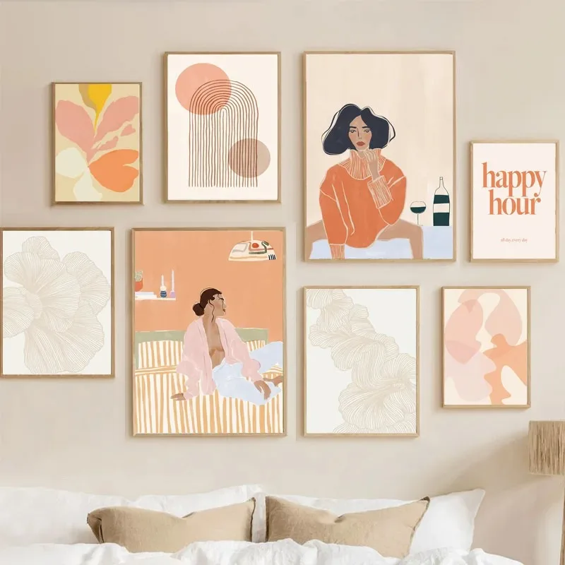 Boho Girl Sun Rainbow Leaves Abstract Posters and Prints Wall Art Canvas Painting Hotel Cafe Pictures for Living Room Home De