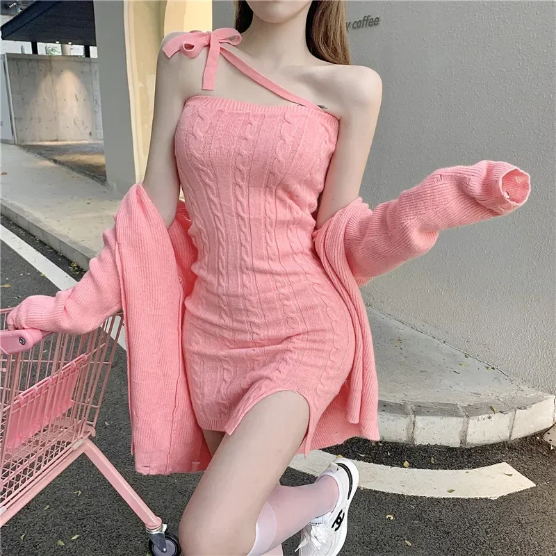 

Korean Fashion Womans Clothes For 2025 Spring New Knitted Suspender Dress Sexy Spicy Girl Mini Dress Y2k Bodycon Dresses