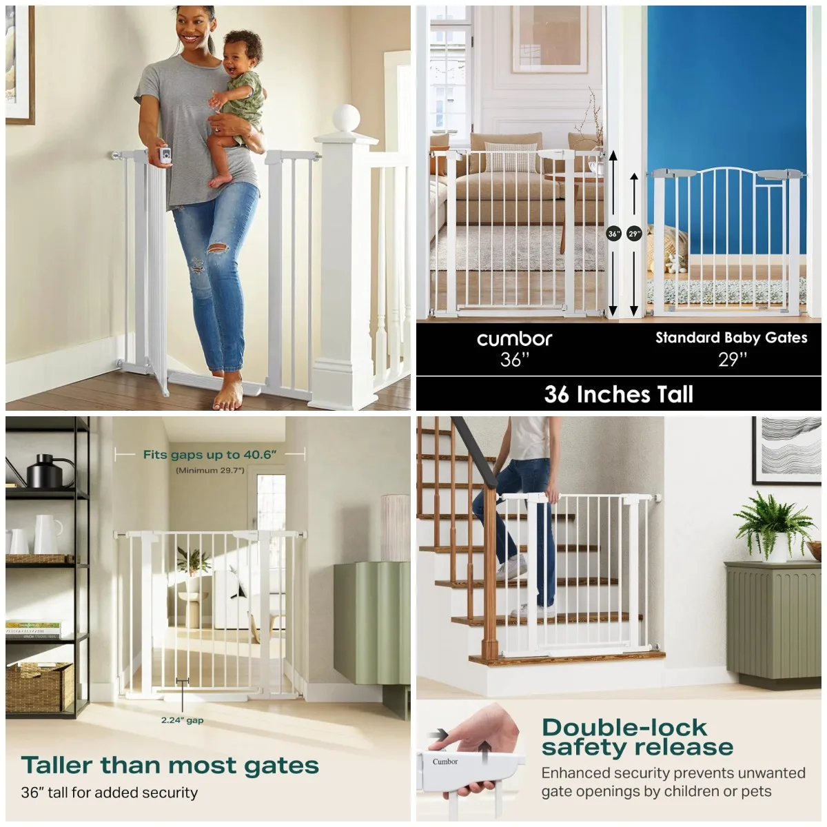 

36' Extra Tall Baby Gate for Stairs, Pressure-Mounted Auto-Close Pet Gate, White, 29.7-40.6' Wide