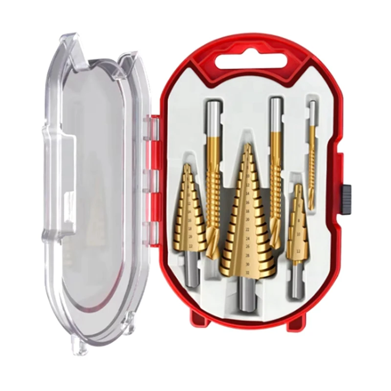 6 Piece Set Titanium Coated Pagoda Drill Sawtooth Drill Woodworking Hole Expansion Groove Plastic Box Set Wood Drilling