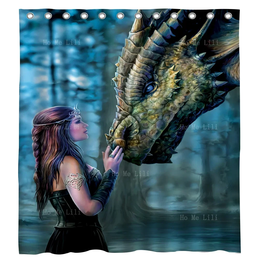 Fantasy Art Beautiful Maiden And Magical Creature Dragon Art Works Shower Curtain By Ho Me Lili For Bathroom Decor