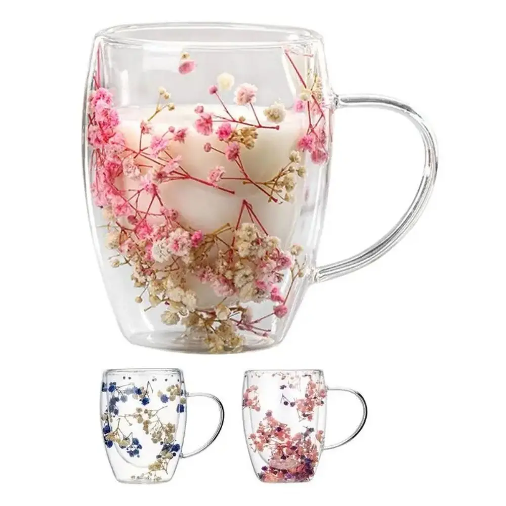 

Drinkware 250/350/450ML Water Cups Flower Inside Double-layer Coffee Mugs Romantic Clear Glass Espresso Cup Summer