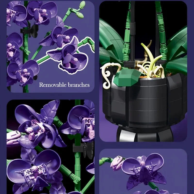Jouet de bloc de construction en pot violet Phalaenopsis, bon pour la décoration créative de la maison et du bureau, cadeau de vacances de rêve pour fille, jouet de Puzzle