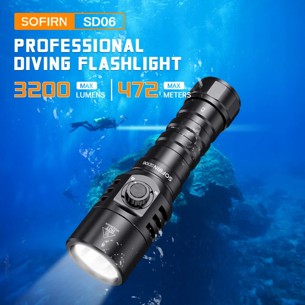 Sofirn SD06 Diving Flashlight 3200lm SFT70 Powerful 21700 Underwater Diving Lantern Range 472m Deep Scuba Torch IP68 Waterproof