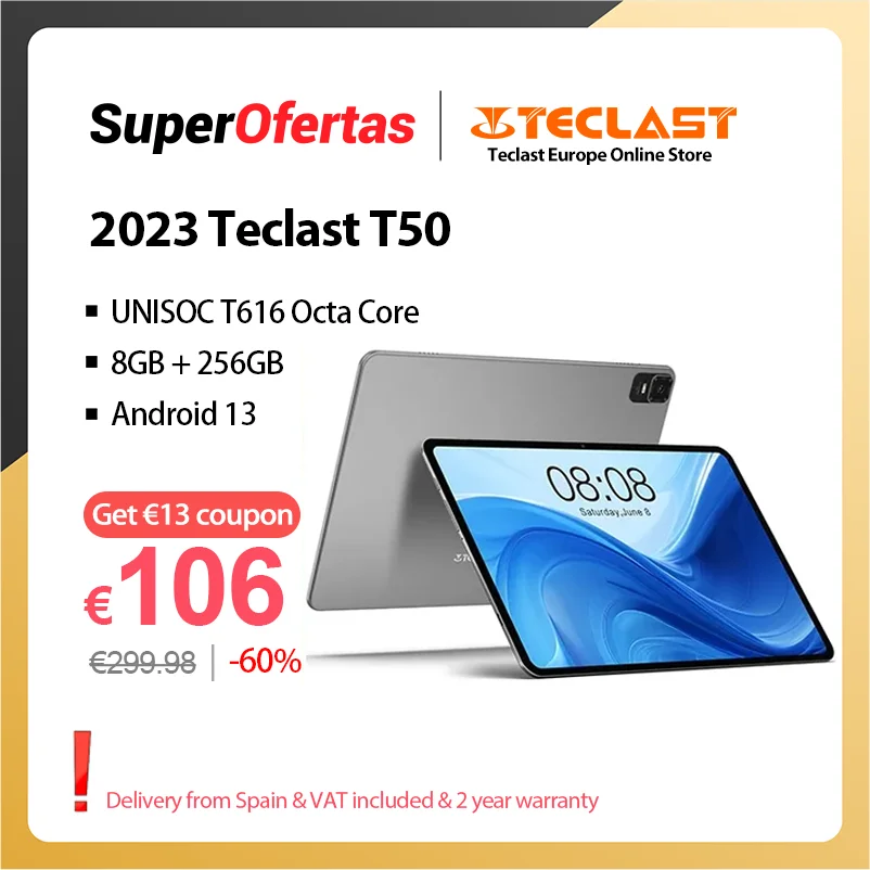 Teclast T50 11inch 2K Tablet 2000x1200 8GB+8GB+256GB Android 13 UNISOC T616 8 Core 18W Fast Charge 4G Call Support Widevione L1