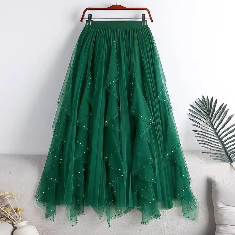 

Pleated Skirt Beaded Petal Mesh Skirt 3 Layers Tutu 2024 Spring New High Waist Slimming Mid A-line Skirt