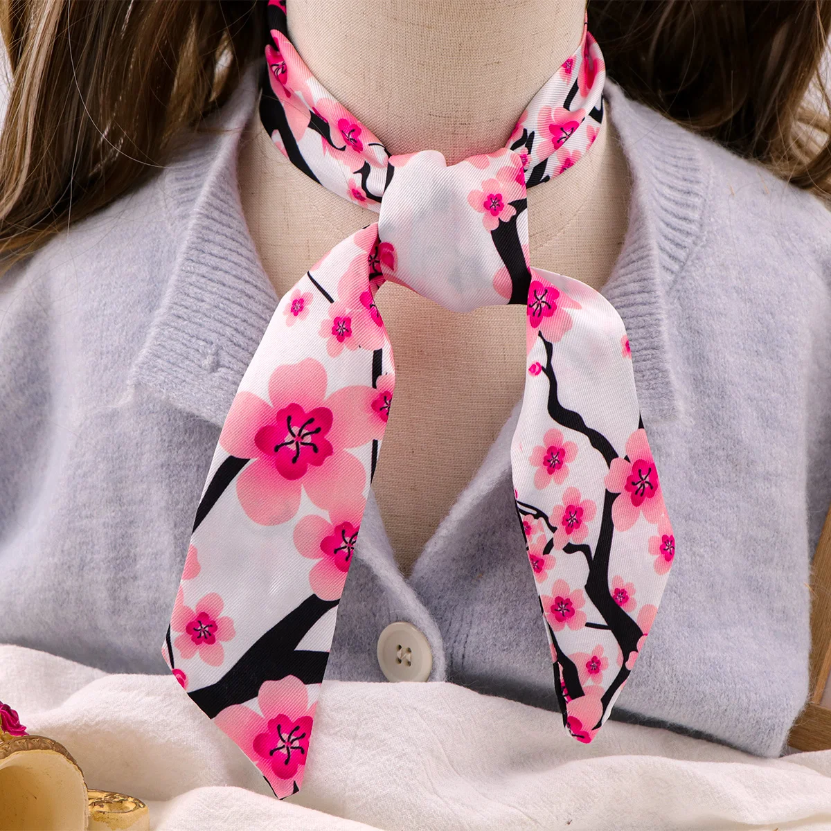 Cherry Blossom Print Foulard Scarf Multifunctional Sakura Floral Neck Tie For Hair Bag Handle Decor Women Fashion Accessory