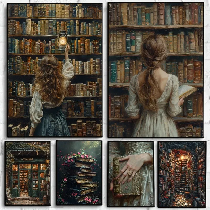 Vintage Buchhandlung-Poster, Dark Academia, florales, hexenhaftes Buch, Blumen-Diamantmalerei, literarische Wandkunst für Bibliotheksraum, Heimdekoration