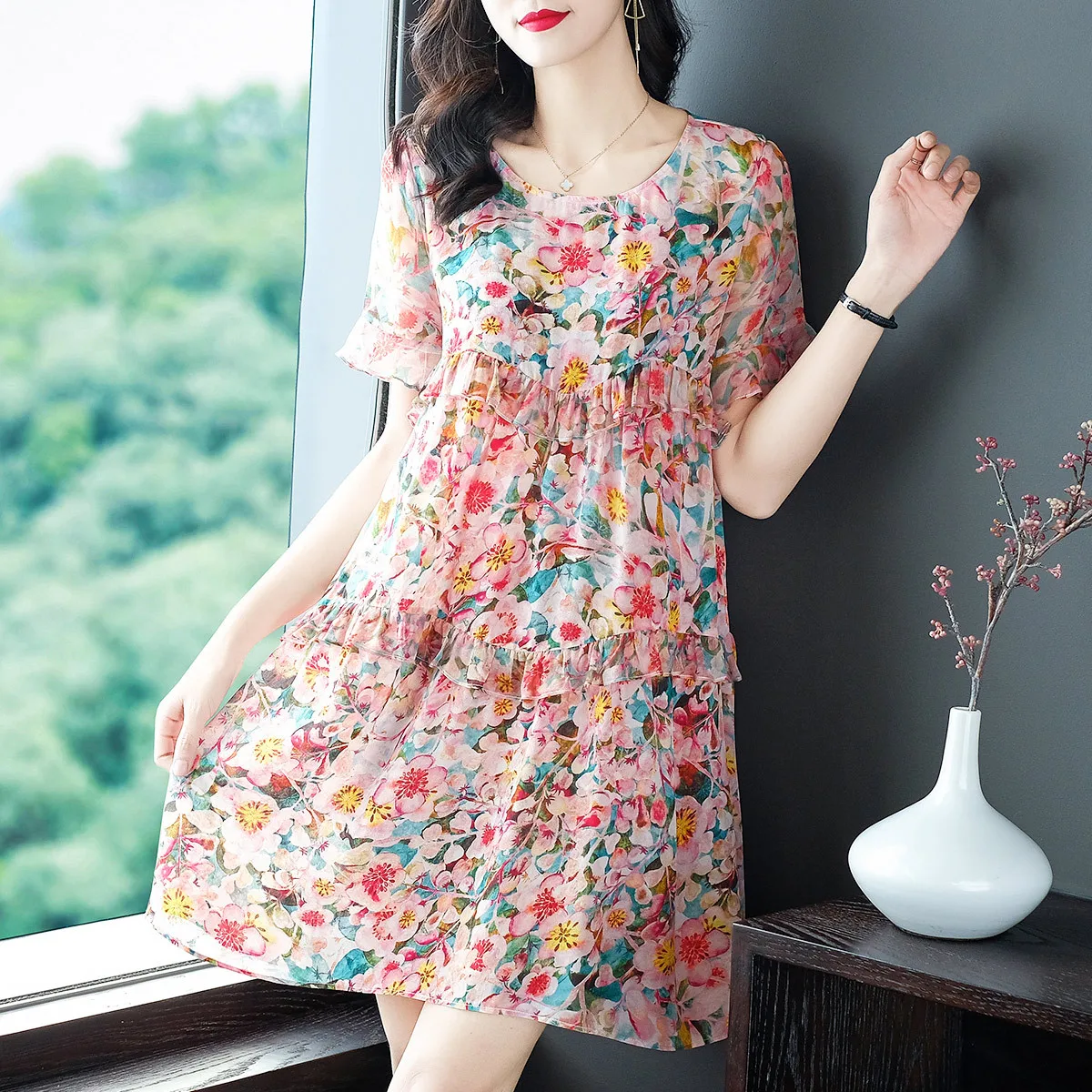 

Birdsky, Summer 1pc Women office lady mini dress high waist ruffles cake loose 100% real mulberry silk flower print. WS-06