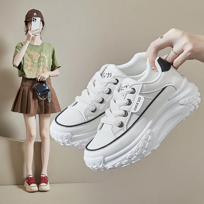 Women's Casual Sneakers Spring New Lace-up Increase Small White Shoes Ladies Sports Shoe Fashion Retro Platform Walking Shoes