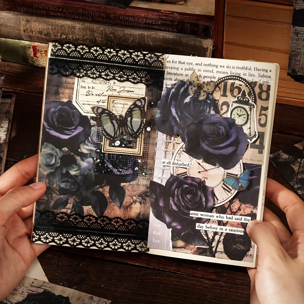 20pcs Dark Rose Material Package Retro Flower Handbook DIY Background Decorative Material Paper