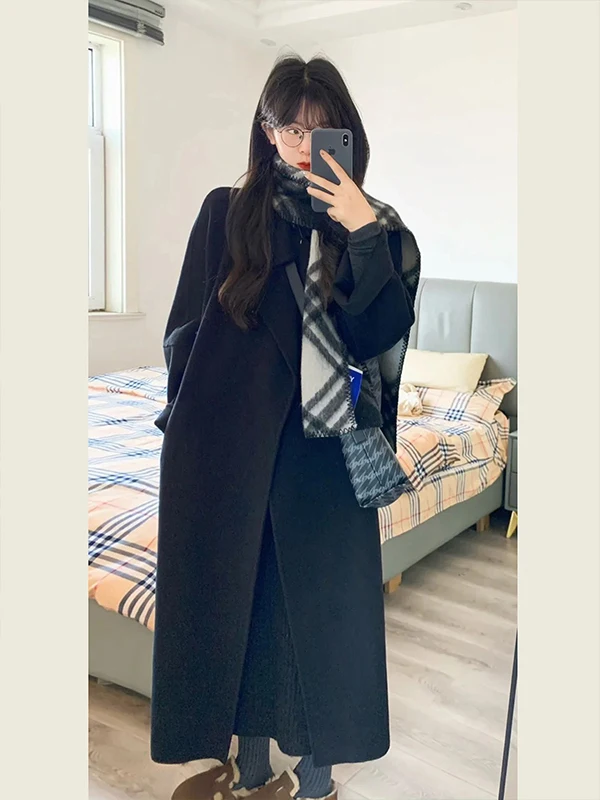 

Корейское шерстяное пальто в стиле Хепберн для женщин, осенне-зимнее, маленького размера, с поясом, приталенное, двустороннее, из кашемира