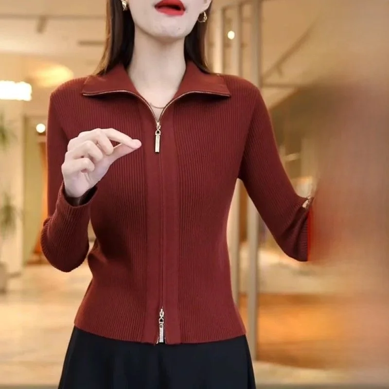 

Fashionable Long Sleeve Knitted Cardigan Women's Shirt Stylish Double Zipper Turn-down Collar Knitwear Slim Fit Commute Style