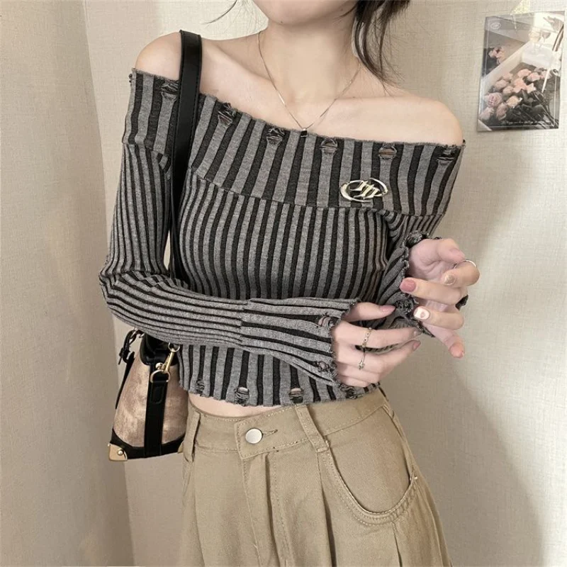 Old One-shoulder Sweater for Women's Autumn New Slim Base French Top
