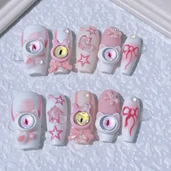 10Pcs Cute Handmade Fake Nail Tips Small Monster False Nails with Bow Stars Pattern Press on Nails Wearable Nails Art With Glue