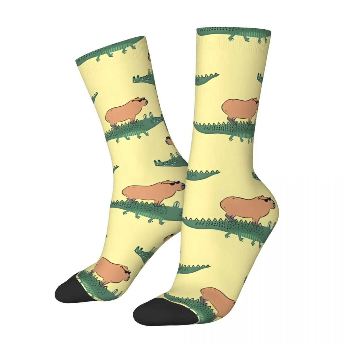 Crazy compression Capybara Riding On A Crocodile - Yellow Sock for Men Harajuku Quality Pattern Crew Sock Novelty