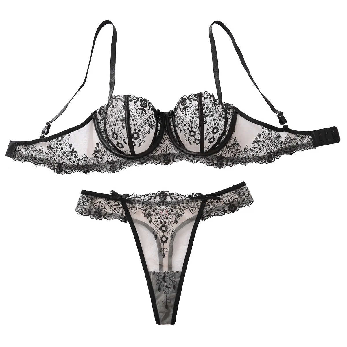 New Floral Embroidery Lingerie Sets Garter Belt for Women Erotic Underwear Mesh See Through Sexy Hollow Out Bra Panties Set