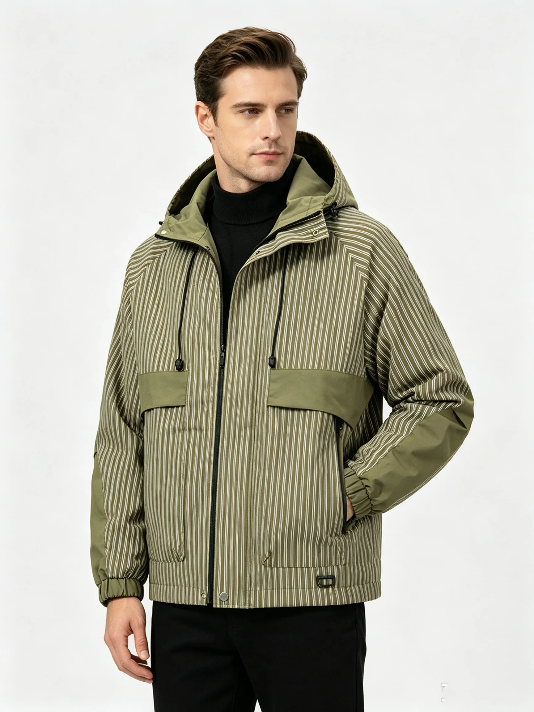 Men Light Army Green Vertical Stripe Full Zip Hooded Jacket Elastic Cuff Hem Windproof Outerwear For Spring Autumn Daily Outdoor