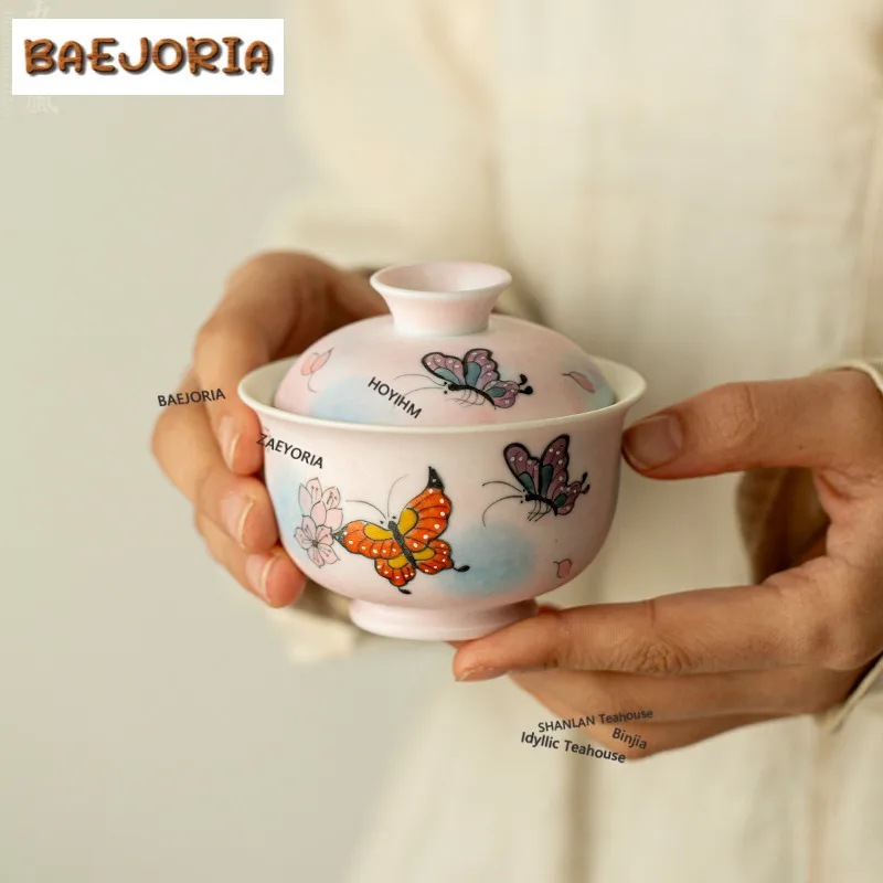 120ml Hand-painted Butterfly Gaiwan Boutique Tea Tureen Tea Bowl With Lid Kit Tea Maker Cover Bowl Cha Accessories Collection
