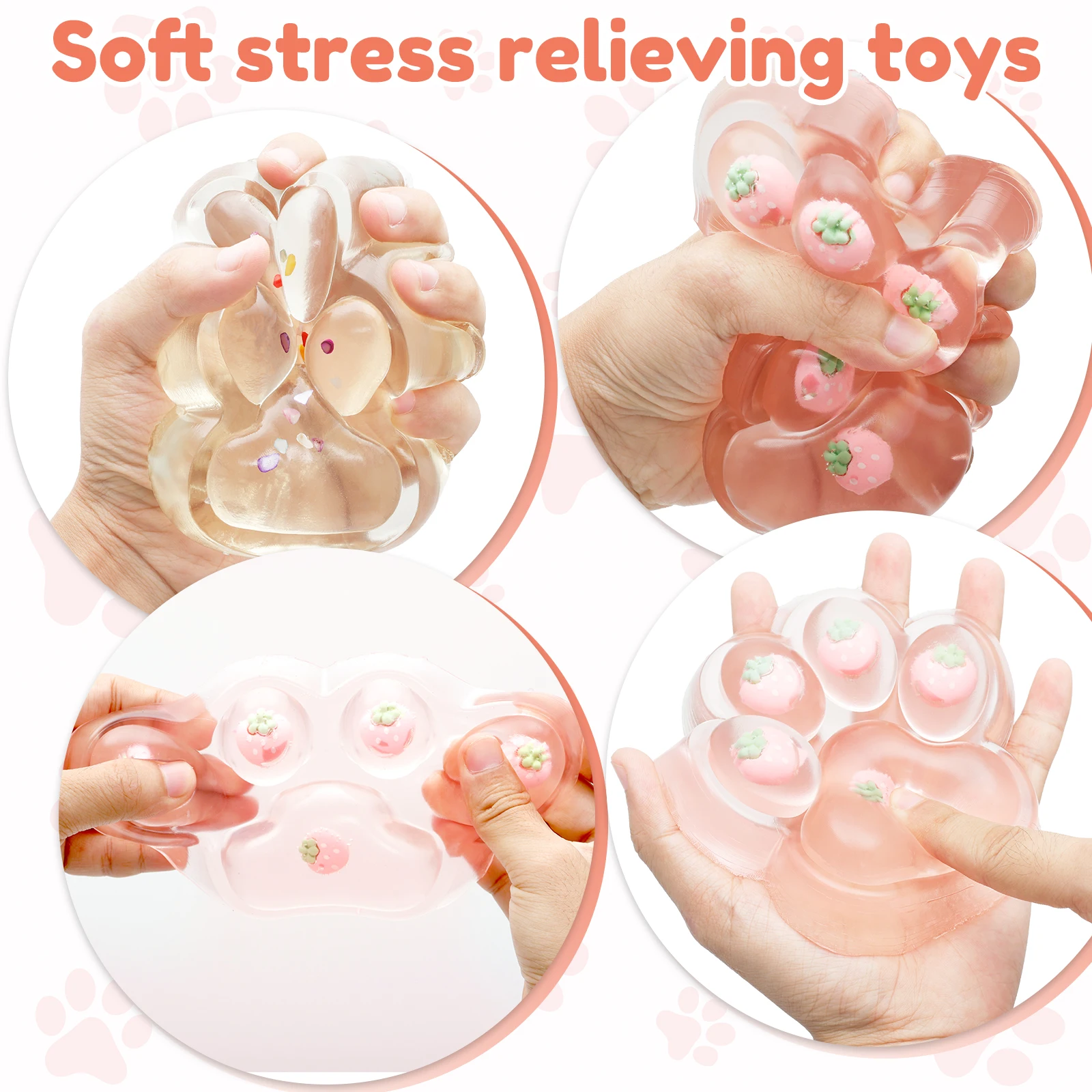 5 Pcs Portable Squeeze Toy for Relaxation Soft Cute Strawberry and Cat Paw Squishy Toy for Children and Adult Holiday Event
