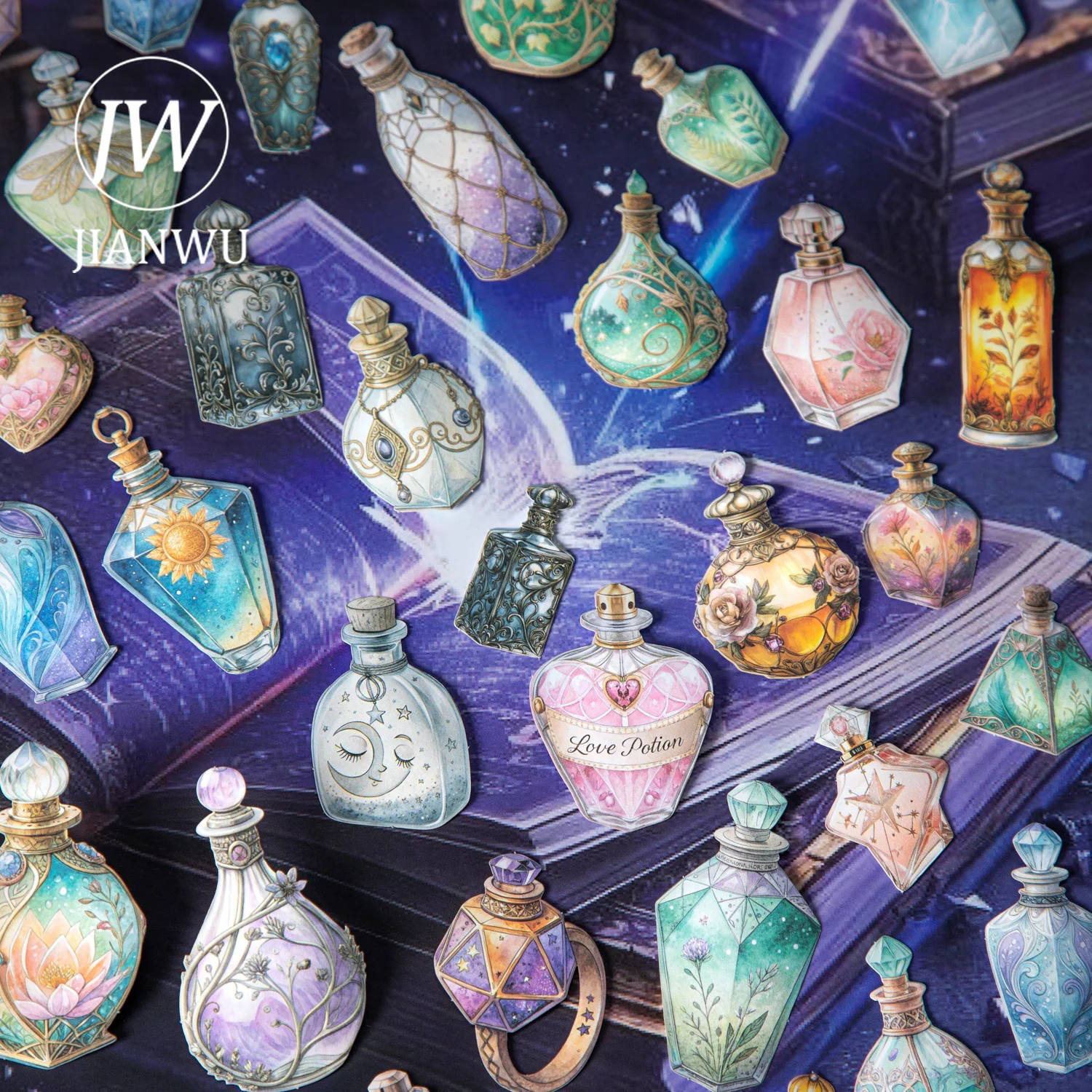 

JIANWU Magic Bottle Secert Language Series Vintage Bottle Landscape Material Collage Sticker Creative DIY Journal Stationery