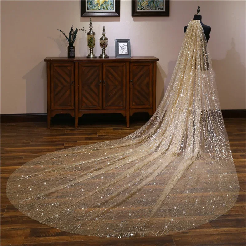 2024 New Fashion Luxury Wedding Veils For Brides Bling Gold 3 Meters Sequins Crystal Big Bridal Veils Wedding Accessories