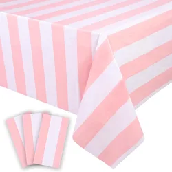 1PC Pink&White Striped Tablecloth, Waterproof  Plastic Table Cover, Rectangular Table Cloths for Shower Girl's Birthday Party