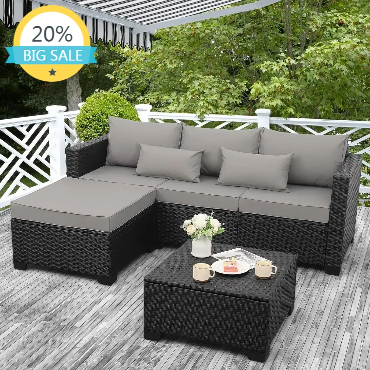 

3 Pieces Patio Furniture Set Outdoor Sectional Wicker Patio Furniture Patio Couch Outdoor Storage Table Waterproof , Light Grey