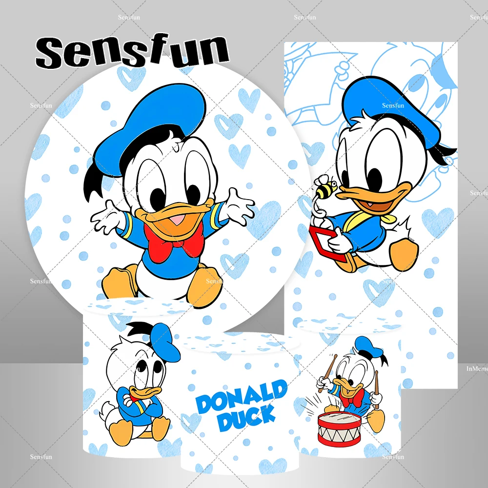 

Baby Donald Duck Round Backdrop Cover for Boys Baby Shower 1st Birthday Party Decor Kids Cartoon Rectangle Backgrounds Elastic