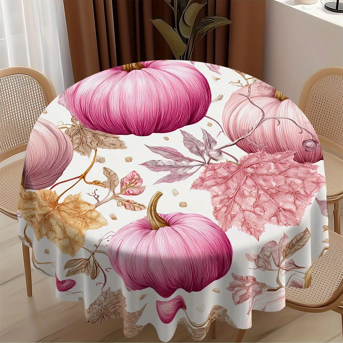 A 2D digital printed round tablecloth featuring a design of pink pumpkins and autumn leaveszyc