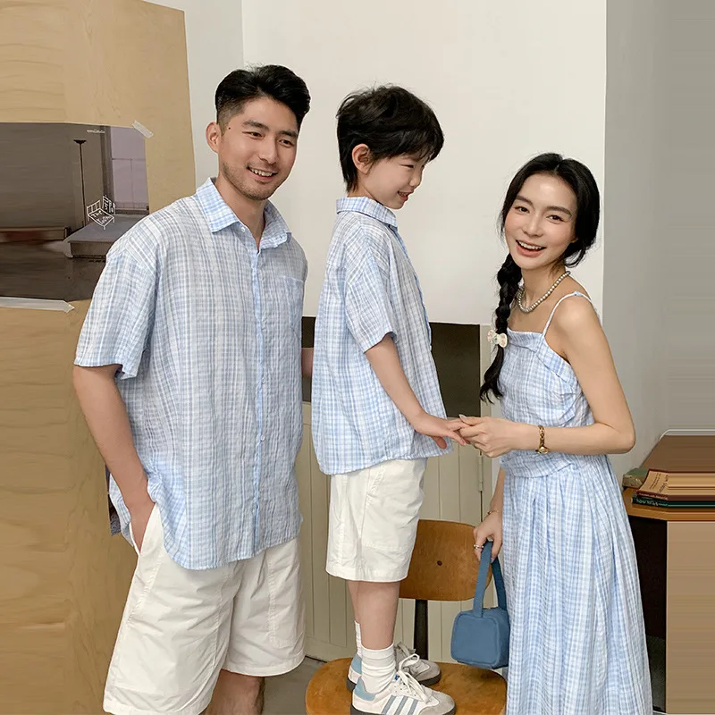 2026 Summer Family Matching Outfits Gingham Plaid Shirt & Cami Midi Dress Set Casual French Style Beach Wear