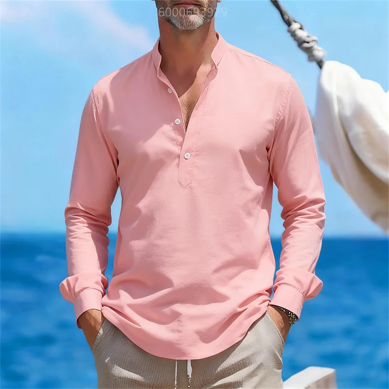 

Men's cotton and linen pullover shirt, beach shirt, black, white, pink, long-sleeved solid color Henley shirt