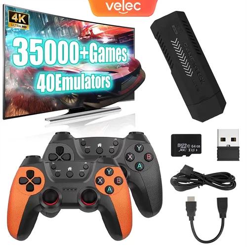 Velec X2 Pro TV Game Stick con más de 35000 juegos, mini consola de videojuegos 4K HD, almacenamiento de 64 GB y reproductor de juegos con controlador inalámbrico 2,4G
