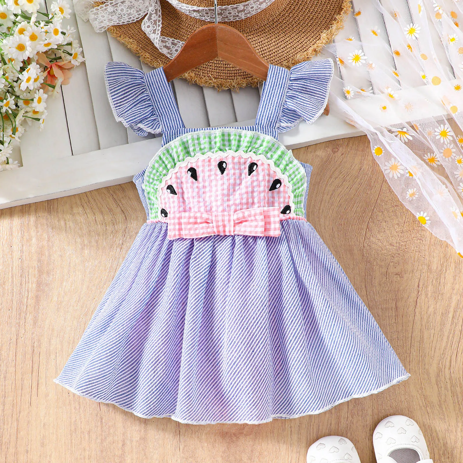 Infant Girls Fly Sleeve Summer Dresses Striped Watermelon Cute Romper Newborn Bodysuits Dress Girls Baby Clothes 3M,6M,12M,18M