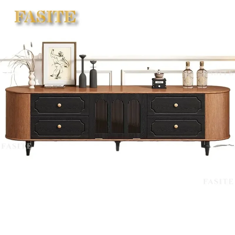 Rustic Solid Wood TV Stand Coffee Table Combo Medieval American Retro Storage Cabinet for Small Apartment Living Room Console