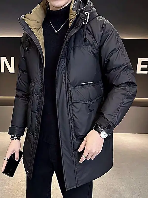 

Men's Quilted Jaet Thiened down Cotton Coat Warmth Long Hooded Workwear Top Youth Faion Sle Zipper Closure Color