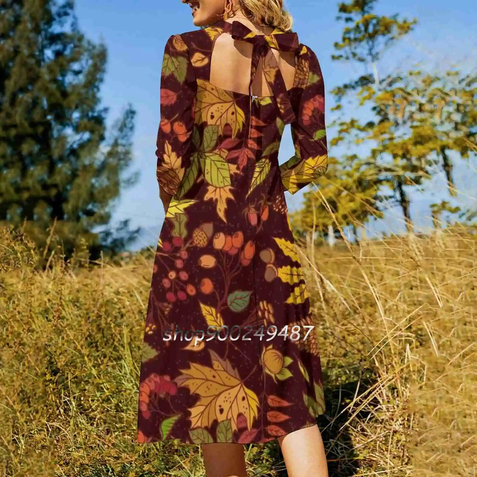 Autumn Leaves , Cones , Dried Flowers And Ripe Berries. Flare Dress Square Neck Dress Elegant Female Fashion Printed Dress