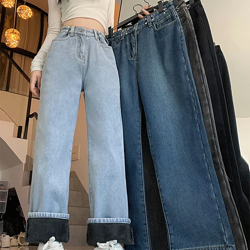 여성용 하이 웨이스트 플리스 안감 청바지 플러스 사이즈 루즈핏 슬리밍 스트레이트 레그 겨울 바지 와이드 레그 캐주얼 데님  Best5