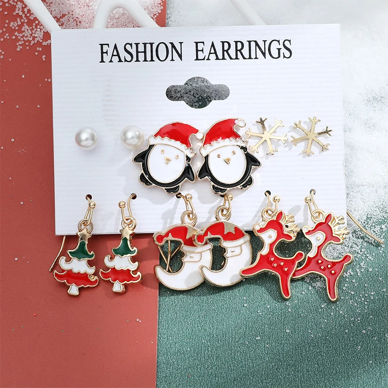 6Pcs 12Styles Christmas Tree Santa Claus Golves Snowman Dangle Earring Jewelry Decor Daily Anniversary Party Dating Gift