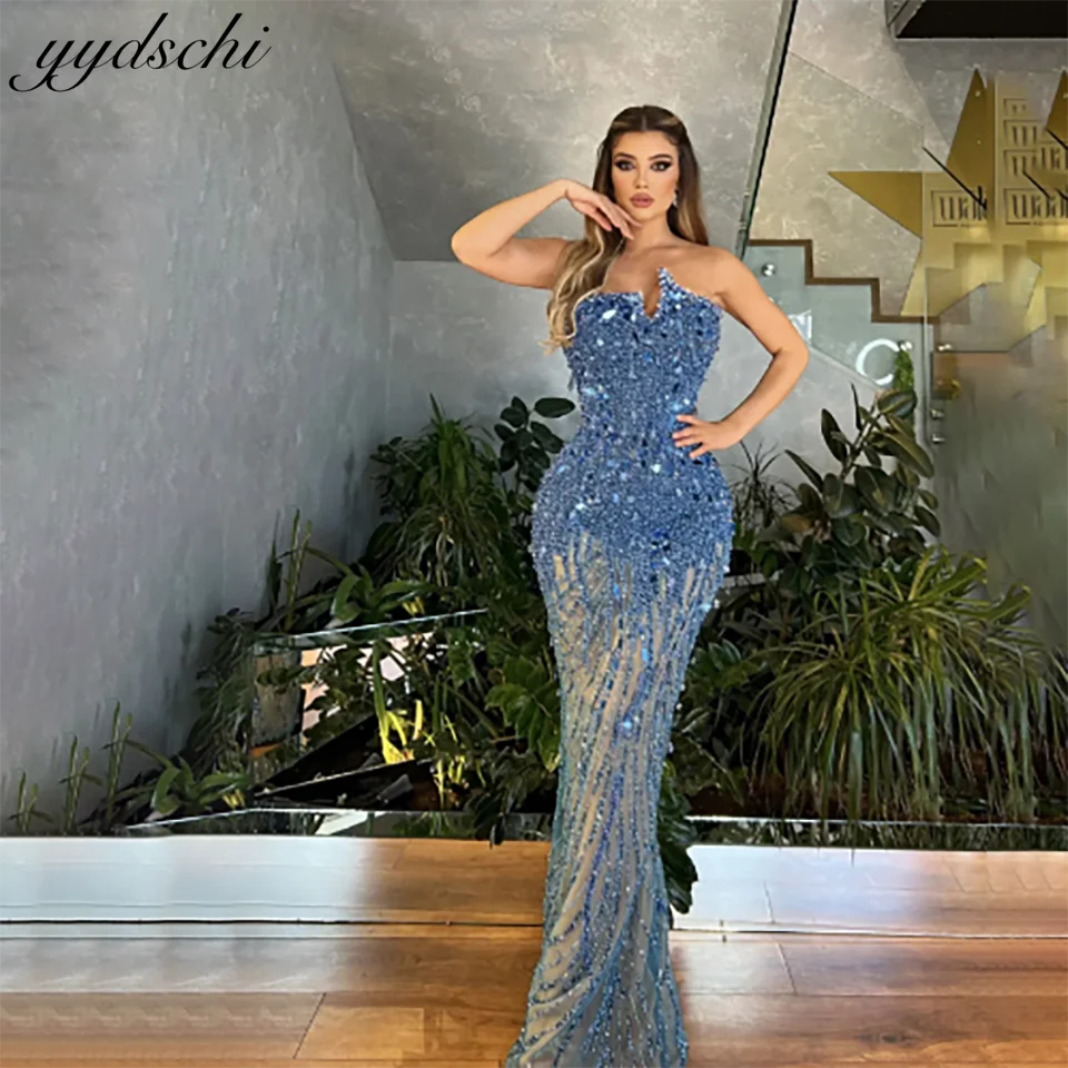 

Customized Dusty Blue Sequin Beaded Sweetheart Mermaid Evening Gala Wedding Dresses 2025 Strapless Sweep Train Tulle Bridal Gown