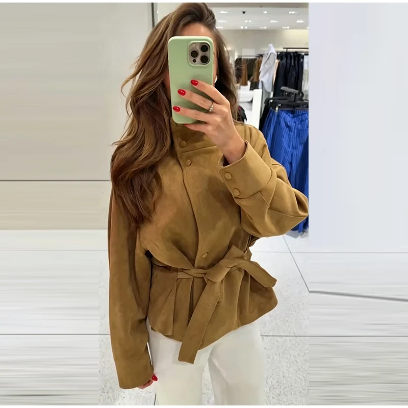 Damen Herbst Winter Hochkragen Wildlederjacke Einfarbig Einreihig Langarm Gürtel Tailliert Lockerer Mantel Lässige Mode Streetwear – Detail 11