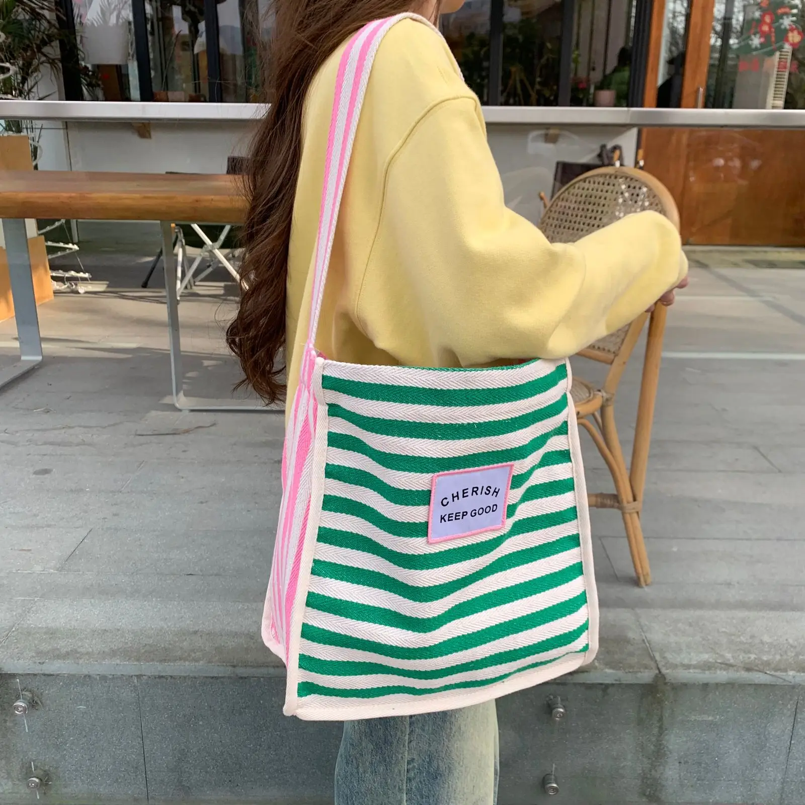 Fashion Striped Contrast Color Casual All-match Large-capacity Storage Shoulder Bag Striped Canvas Bag