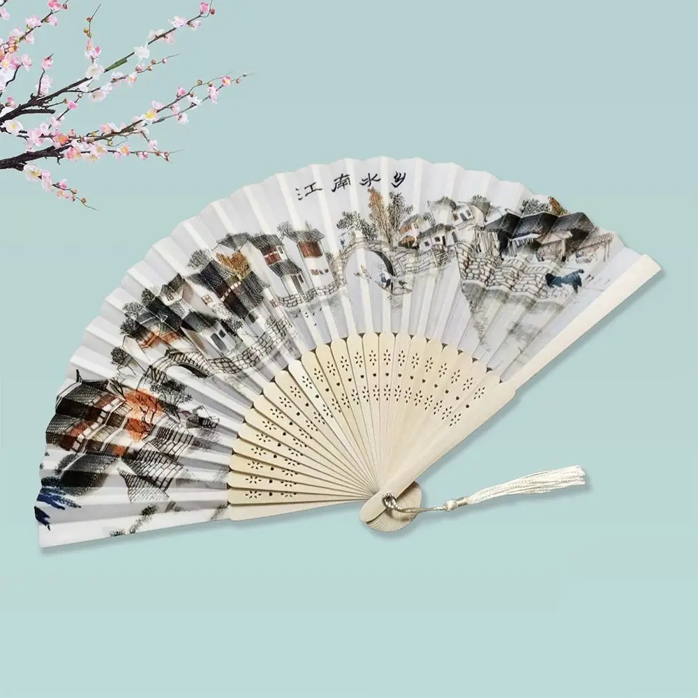 Silk Vintage Folding Fan Bamboo Tassel Elegent Hand Fan Hand Fan Colorful Shank Classical Dance Fan Clothing Accessories