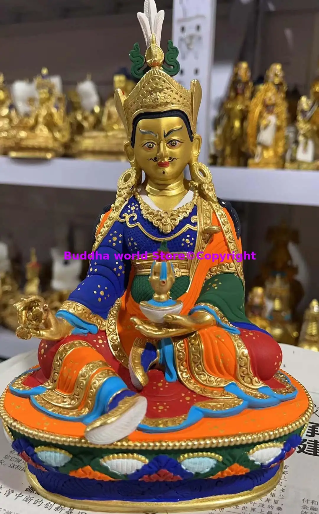 Boutique painted Buddha statue Tibetan Buddhism Guru Rinpoche Padmasambhava Dharmakaya brass Worship merit Dharma Sangha