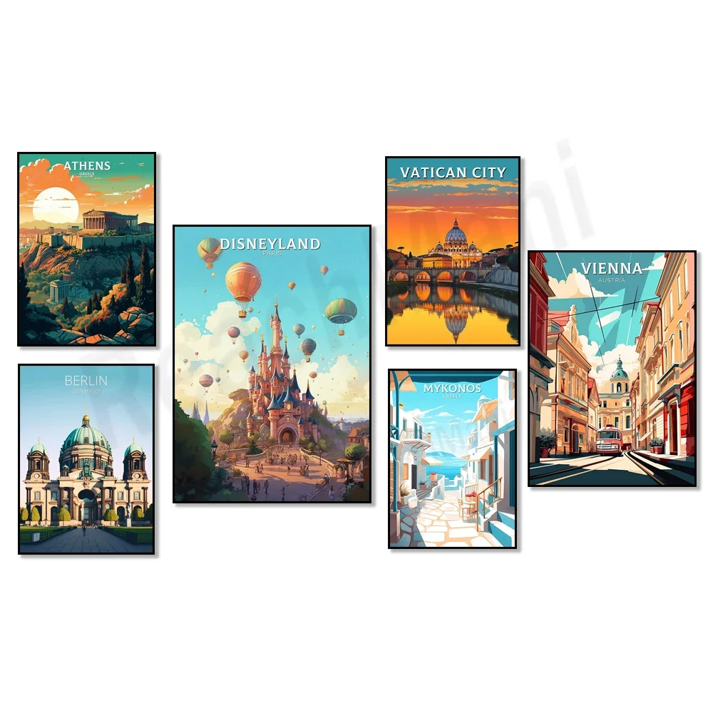 Vienna, Istanbul, Berlin Cathedral, Mykonos, Ohrid, Porto, Barcelona, Parthenon, Cambridge UK, Vatican City travel posters