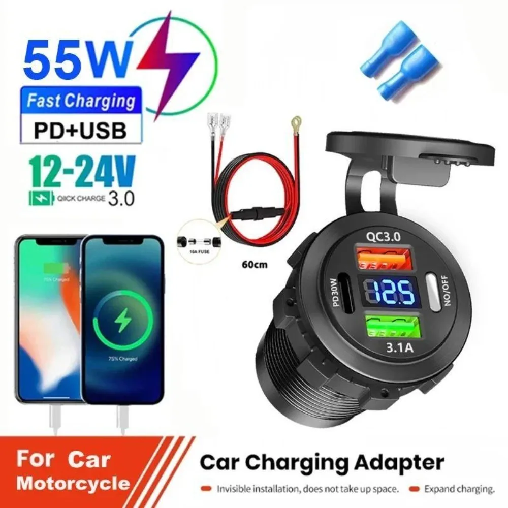 New 3 Port Car Charger PD3.0 and QC3.0 Quick Socket with Voltmeter Switch 12/24V Suitable for Motorcycle Boat Auto Accessories