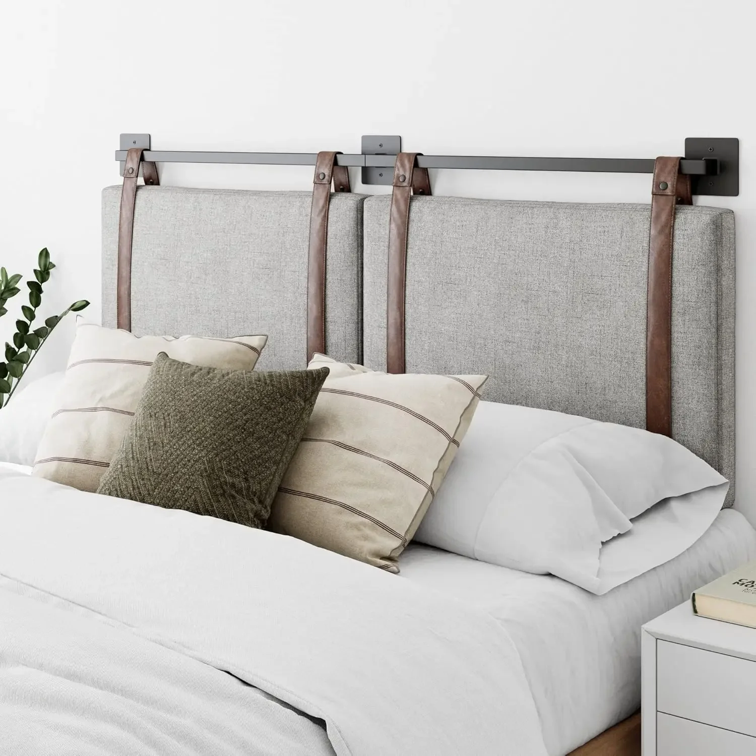 Modern Wall Mount Hanging Headboard, Queen, Gray with Brown Faux Leather Straps