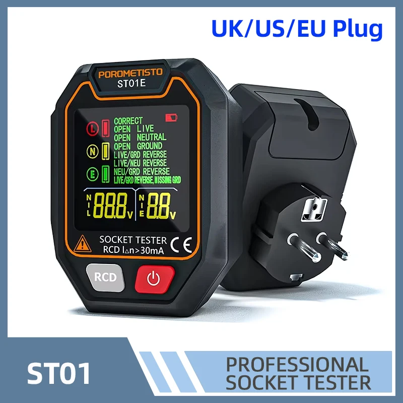 ST01 Digital Socket Tester Pro Voltage Test RCD 30mA Socket Detector UK/EU/US Plug Ground Zero Line Plug Polarity Phase Check